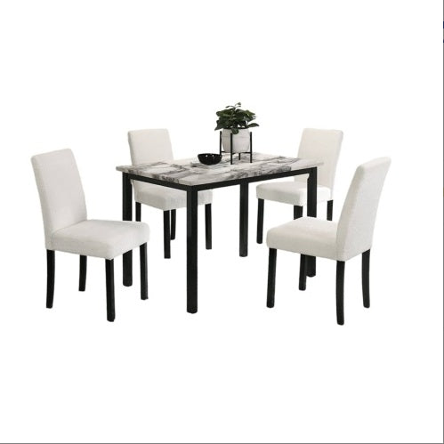 White Wool Chairs and Faux Marble Table 5pc Dining Set