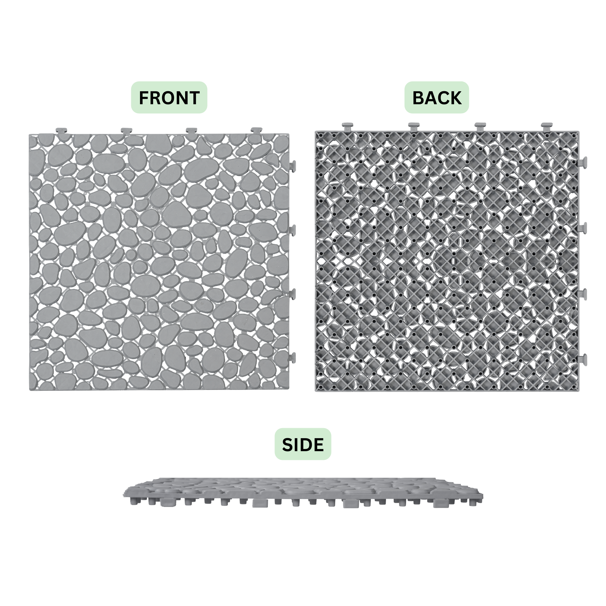 Gray pebble stone interlocking deck tiles from Anthony & Home, waterproof 12x12 outdoor flooring for patios and decks.