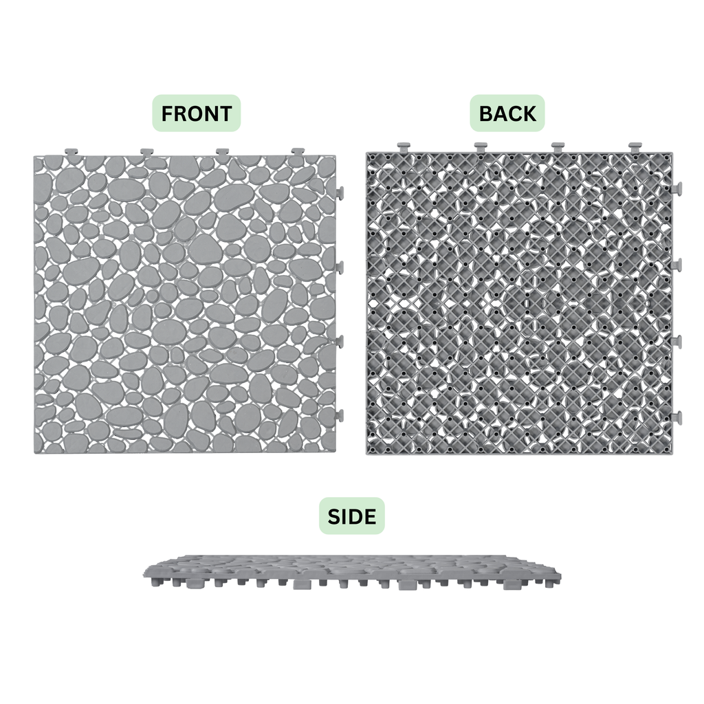 Gray pebble stone interlocking deck tiles from Anthony & Home, waterproof 12x12 outdoor flooring for patios and decks.