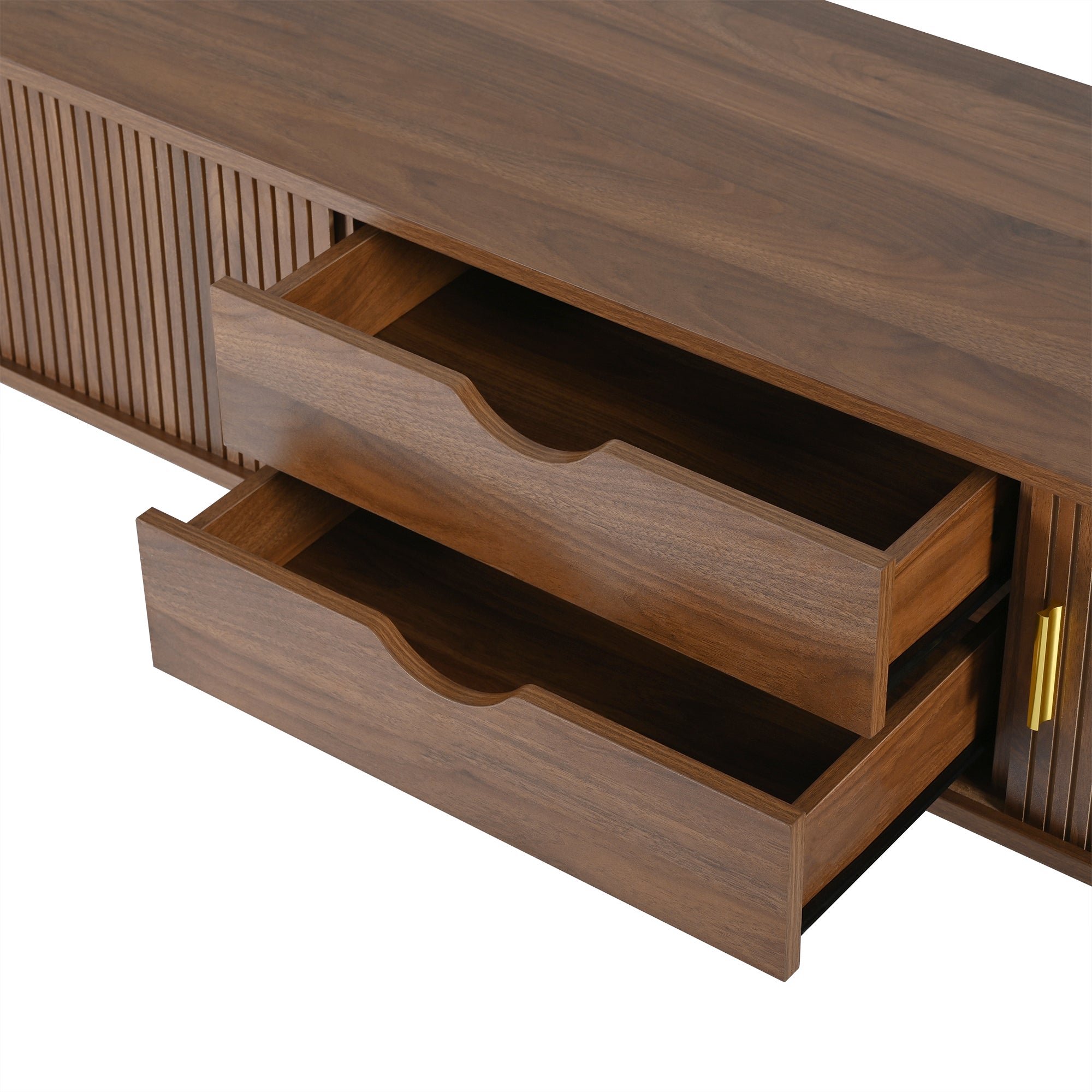 Walnut mid-century TV stand by Anthony & Home with sleek wooden design and storage compartments for modern living spaces.