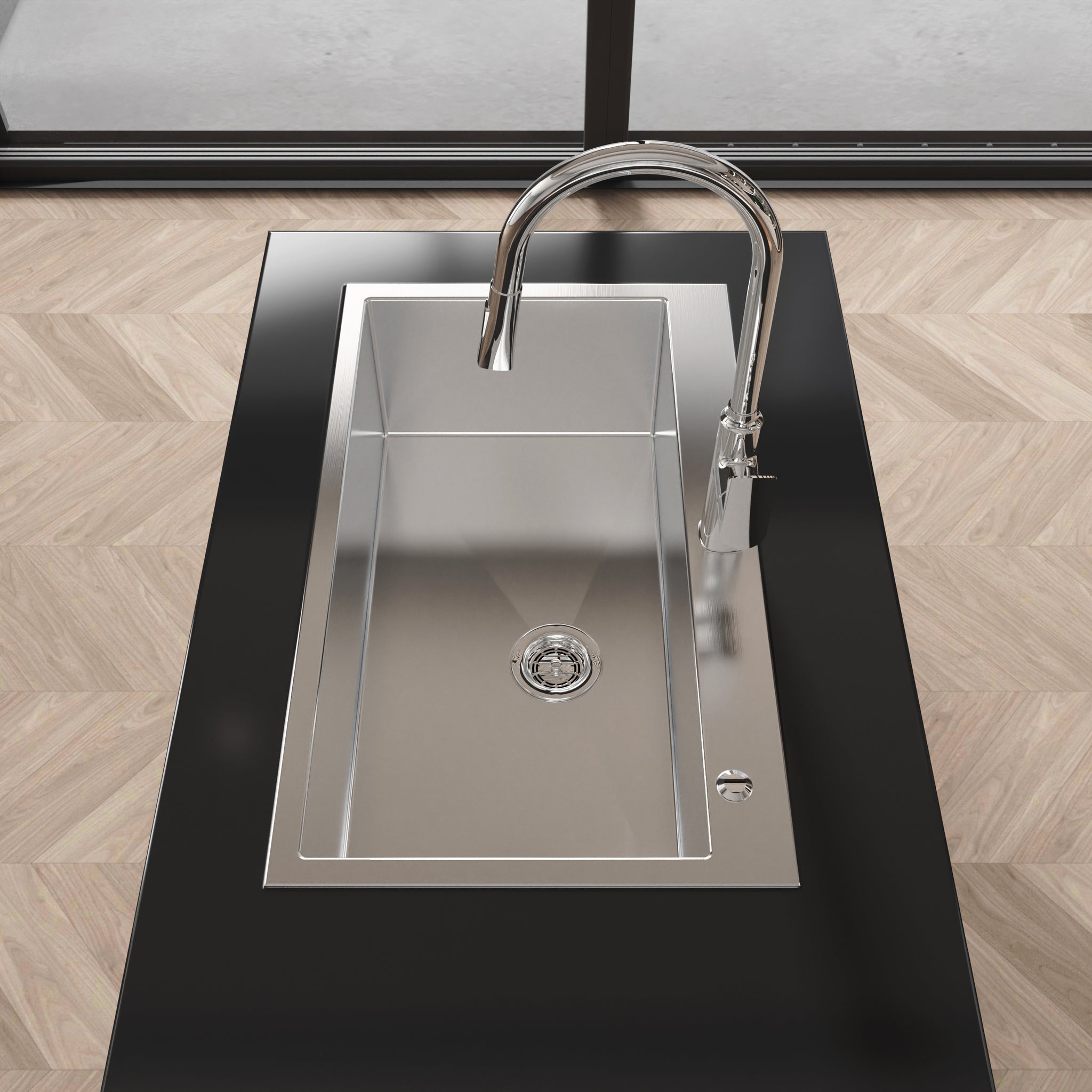 Anthony & Home Studio brushed nickel overmount kitchen sink with dual basins and sleek modern design, shown in the image.