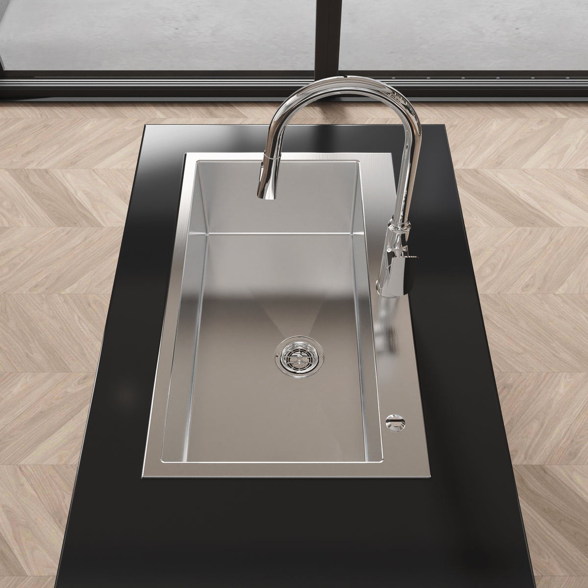 Anthony & Home Studio brushed nickel overmount kitchen sink with dual basins and sleek modern design, shown in the image.