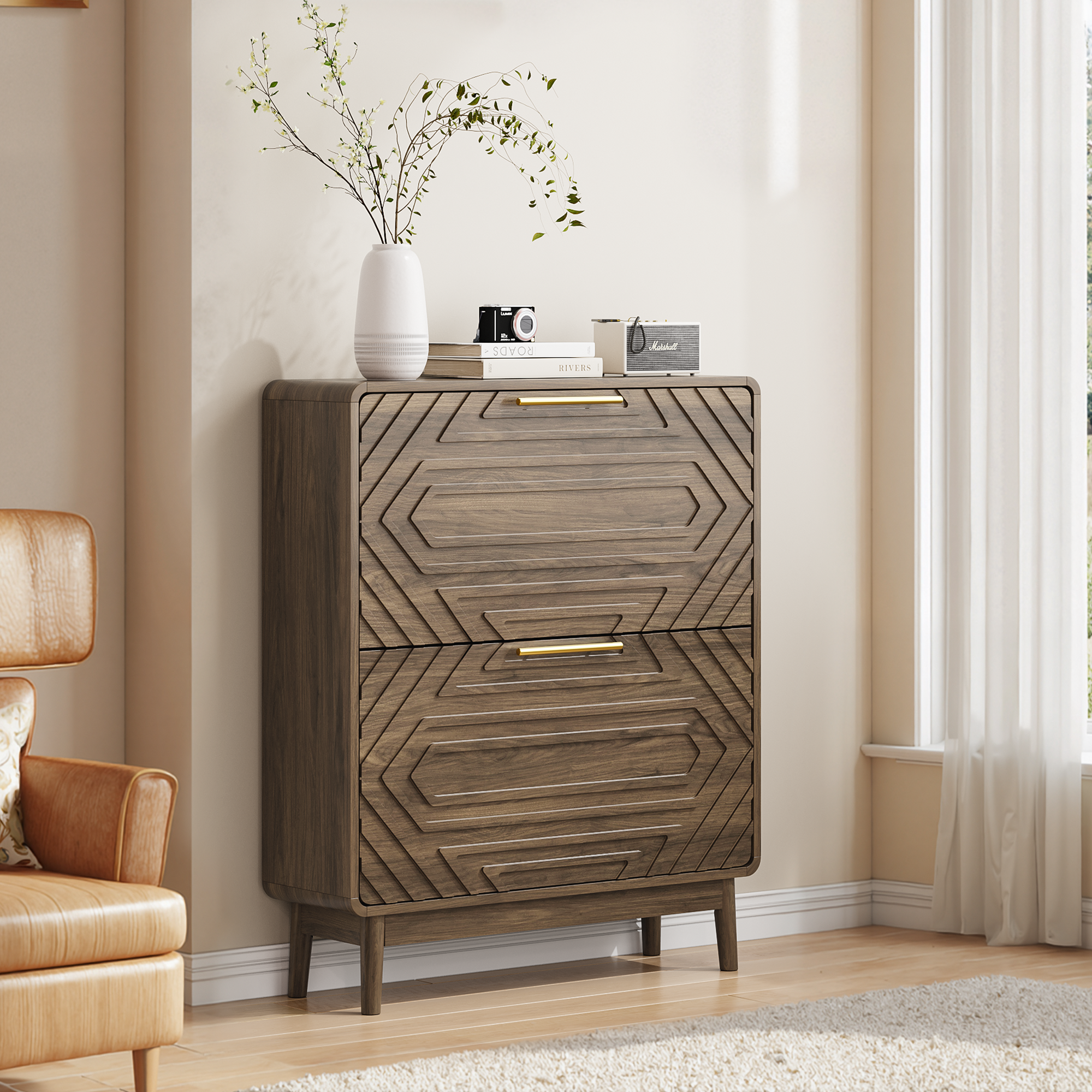 Walnut mid-century studio shoe cabinet with two flip-top drawers, designed by Anthony & Home, featuring a sleek modern look.