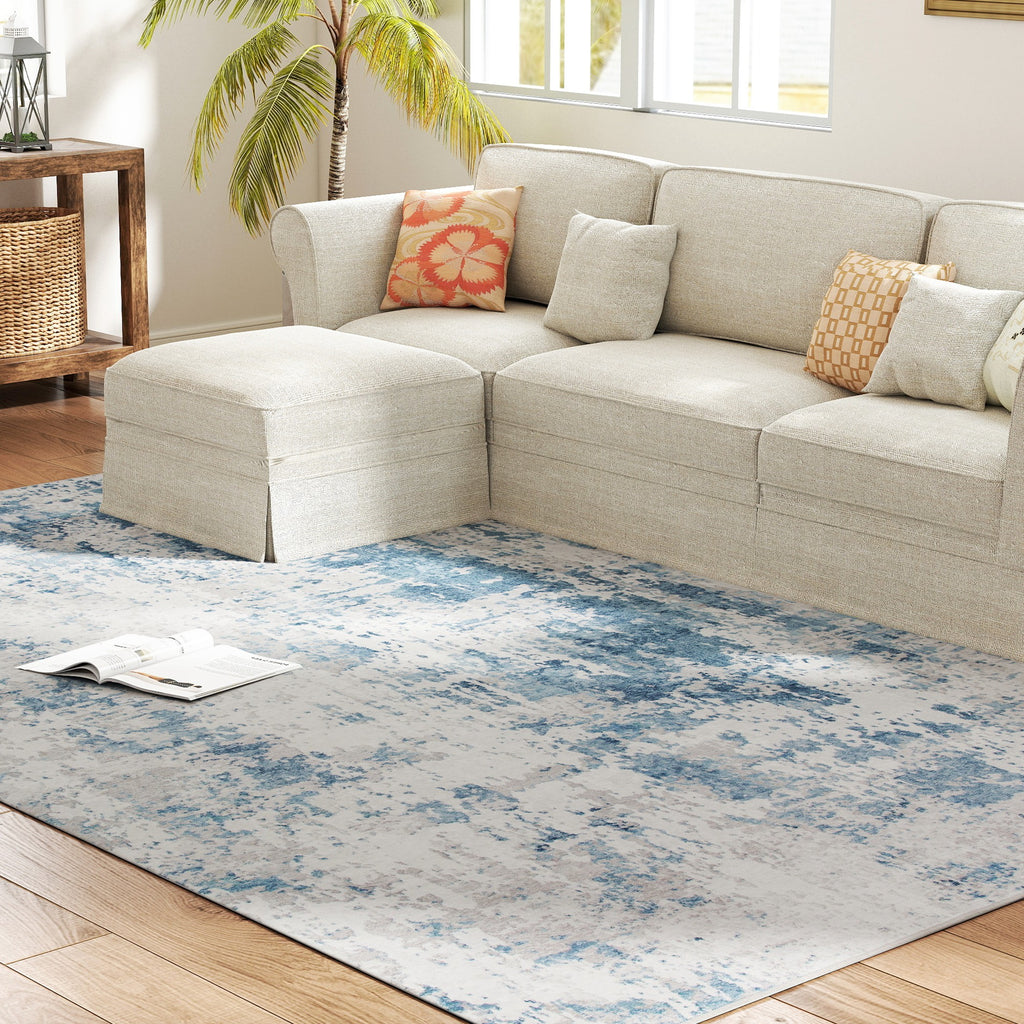 Blue Modern Abstract Area Rug 8x10 Non Slip Machine Washable