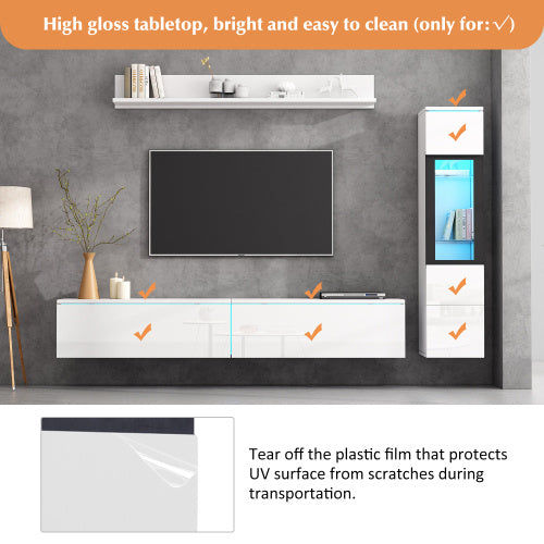 White TV Wall Unit Set Of 3 With LED TV Stand High Gloss
