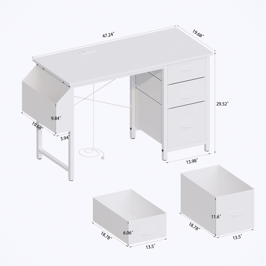 Anthony & Home studio white lacquer office desk with power outlet, three drawers, reversible frame, easy to assemble.