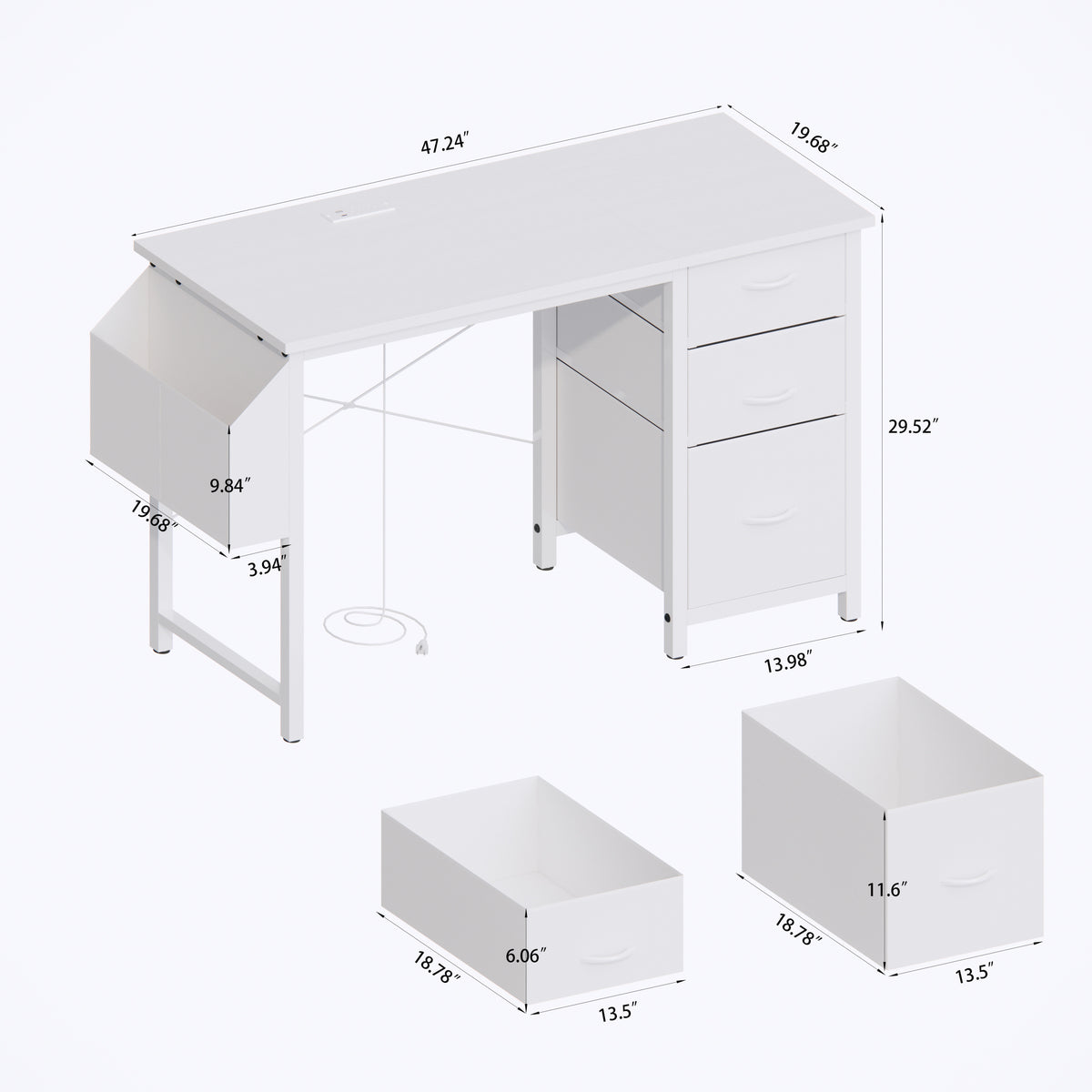 Anthony & Home studio white lacquer office desk with power outlet, three drawers, reversible frame, easy to assemble.