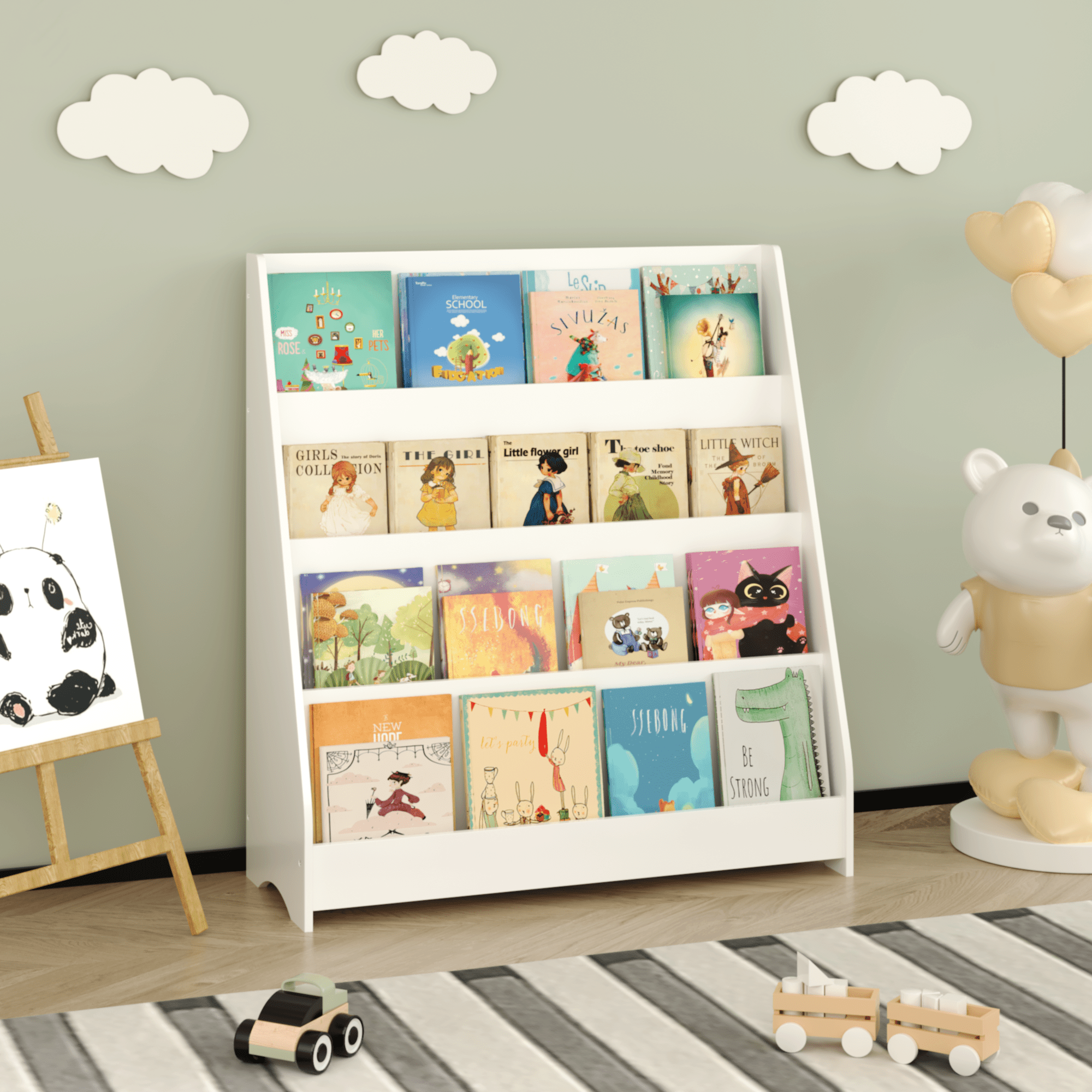Anthony & Home Kids Bookshelf Exclusive Edition, sturdy wooden bookshelf with colorful bins for children's books and toys.