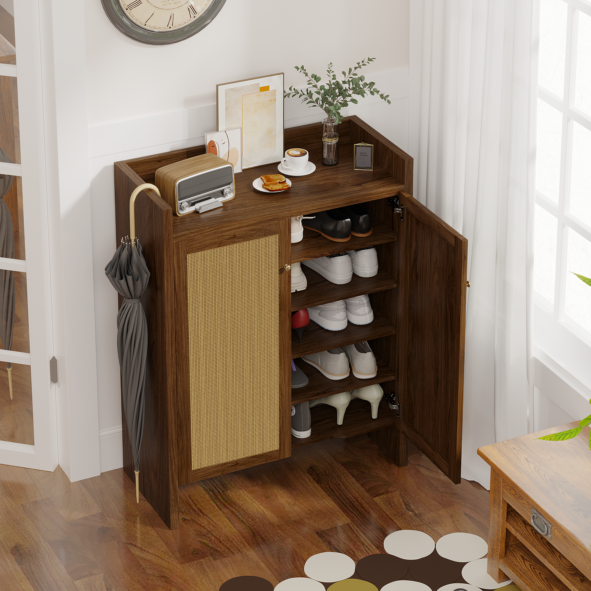 Walnut finish Anthony & Home 6-tier shoe cabinet with doors, freestanding entryway organizer, Signature Collection.