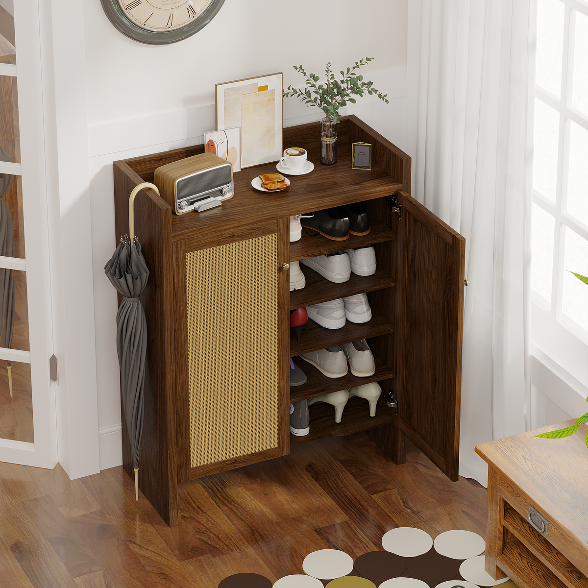 Walnut finish Anthony & Home 6-tier shoe cabinet with doors, freestanding entryway organizer, Signature Collection.