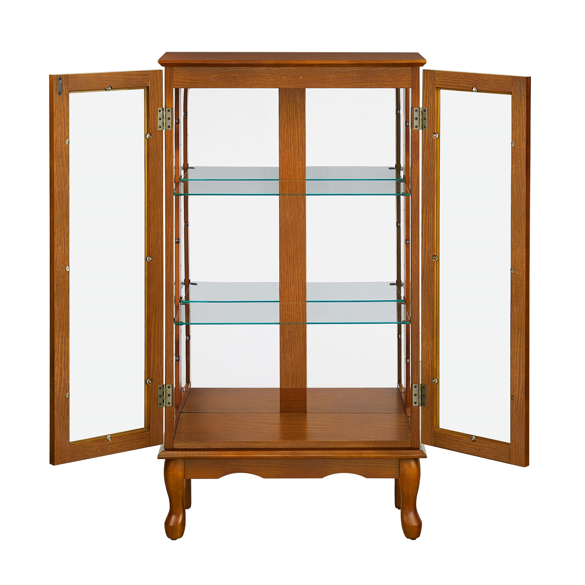 Anthony & Home Oak Finish Lighted Curio Cabinet with mirrored back, showcasing glass shelves and elegant wooden frame.