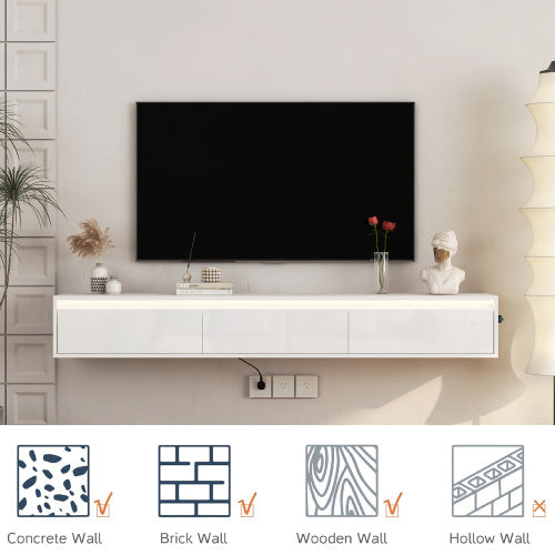 Floating Wall Mounted TV Stand With LED Lighting And Outlet