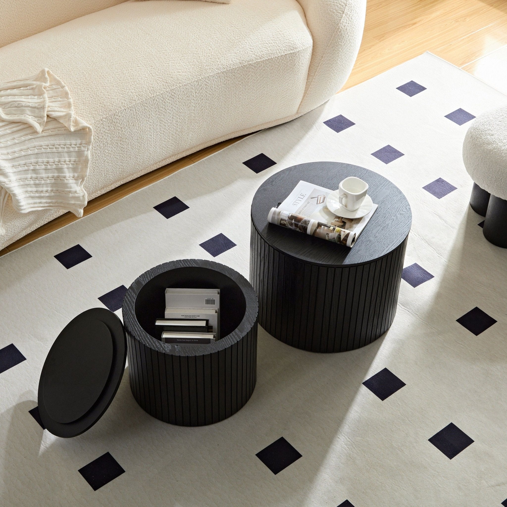 Modern Walnut Veneer Nesting Coffee Tables by Anthony & Home, black MDF set with two stylish living room side tables.