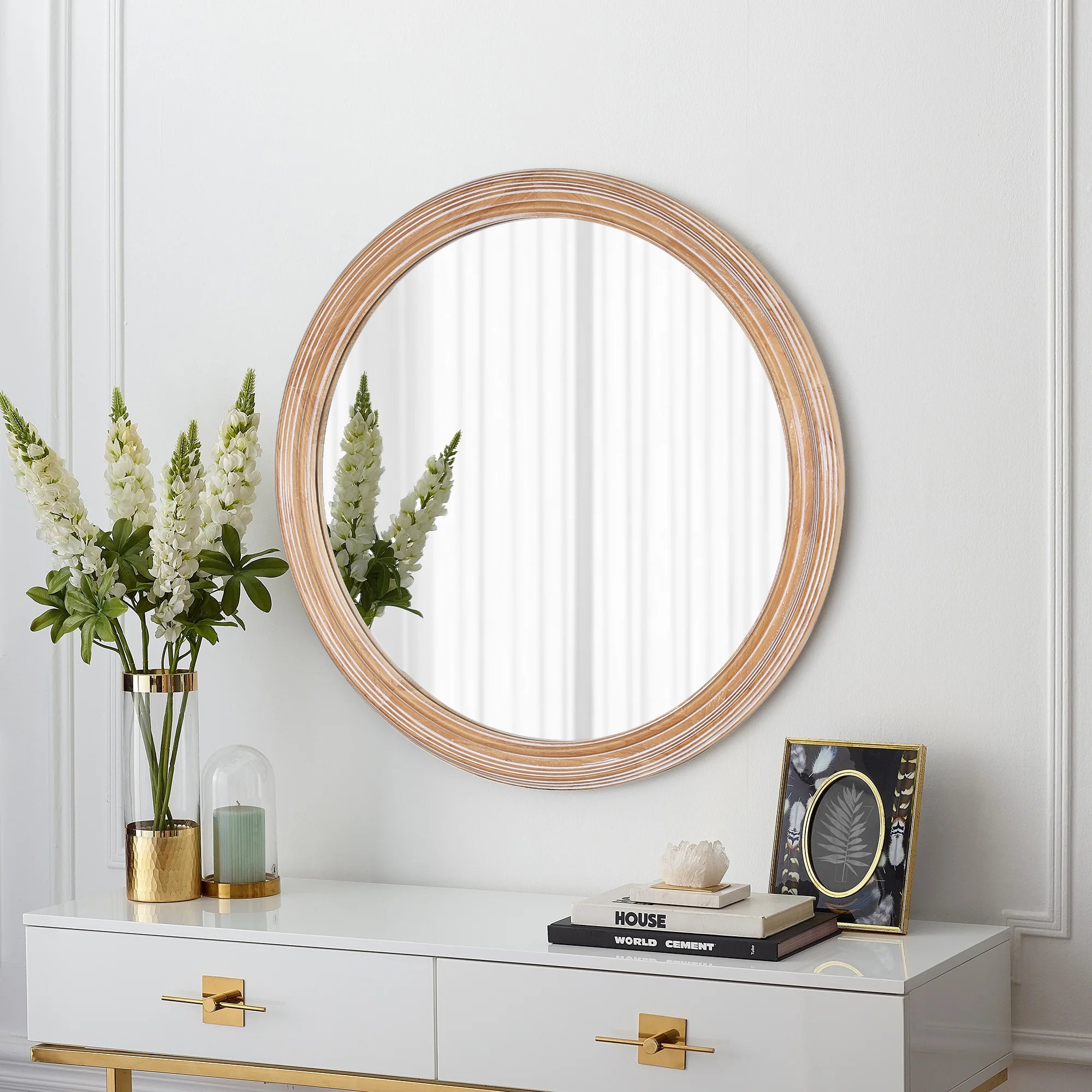 Antique whitewash wood and metal round wall mirror, 27.56 inches, from Anthony & Home Heritage Collection, with vintage-inspired design.
