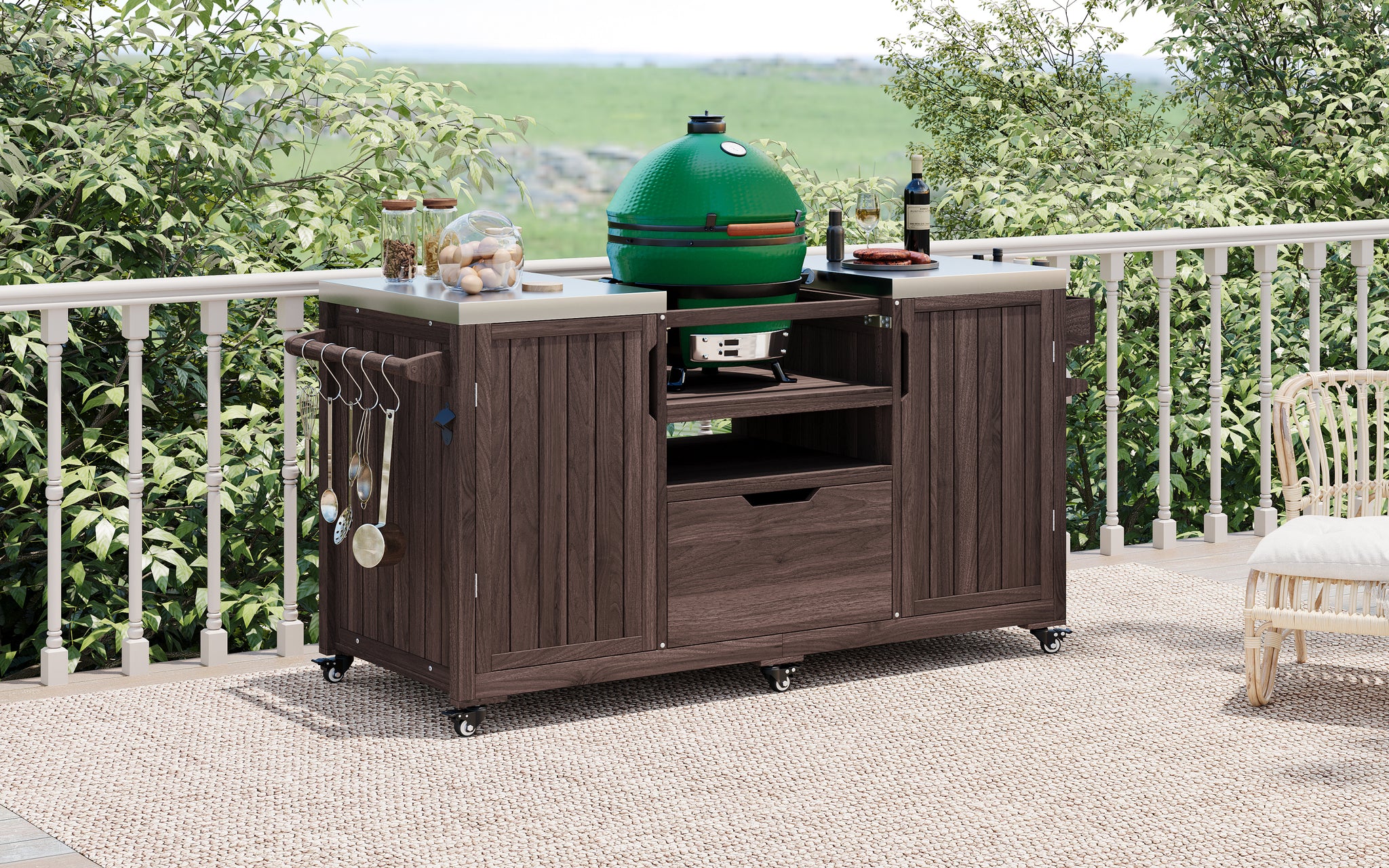 Anthony & Home Atelier Edition outdoor kitchen island with solid wood construction for Kamado grills, featuring a spacious workspace