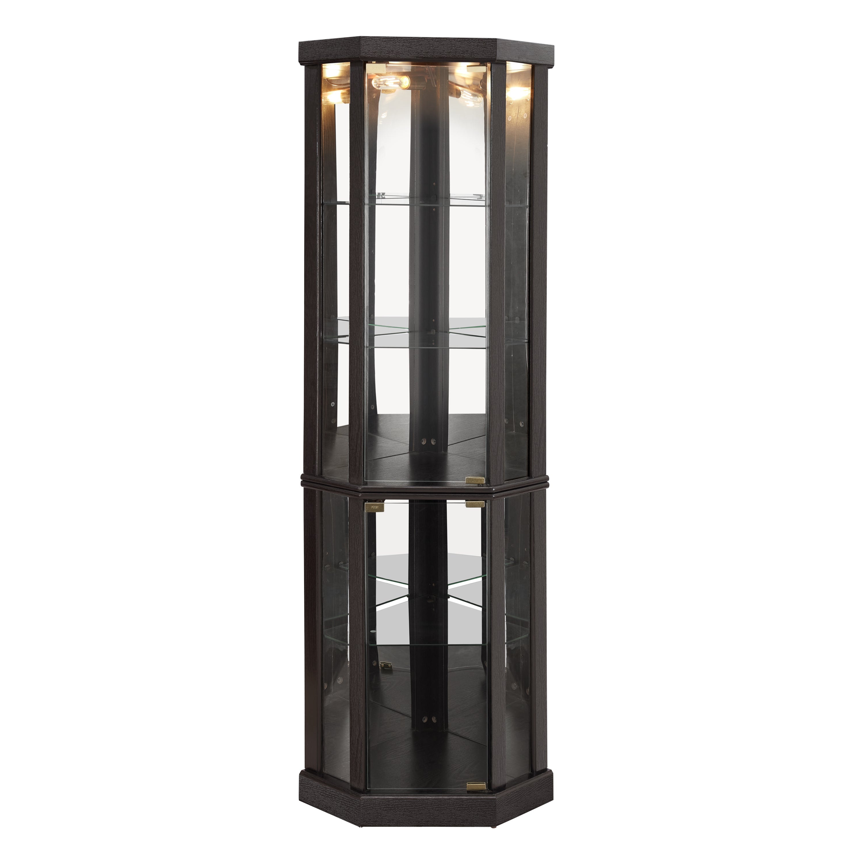 Anthony & Home Heritage lighted corner curio cabinet with glass display for antiques and wine collections.