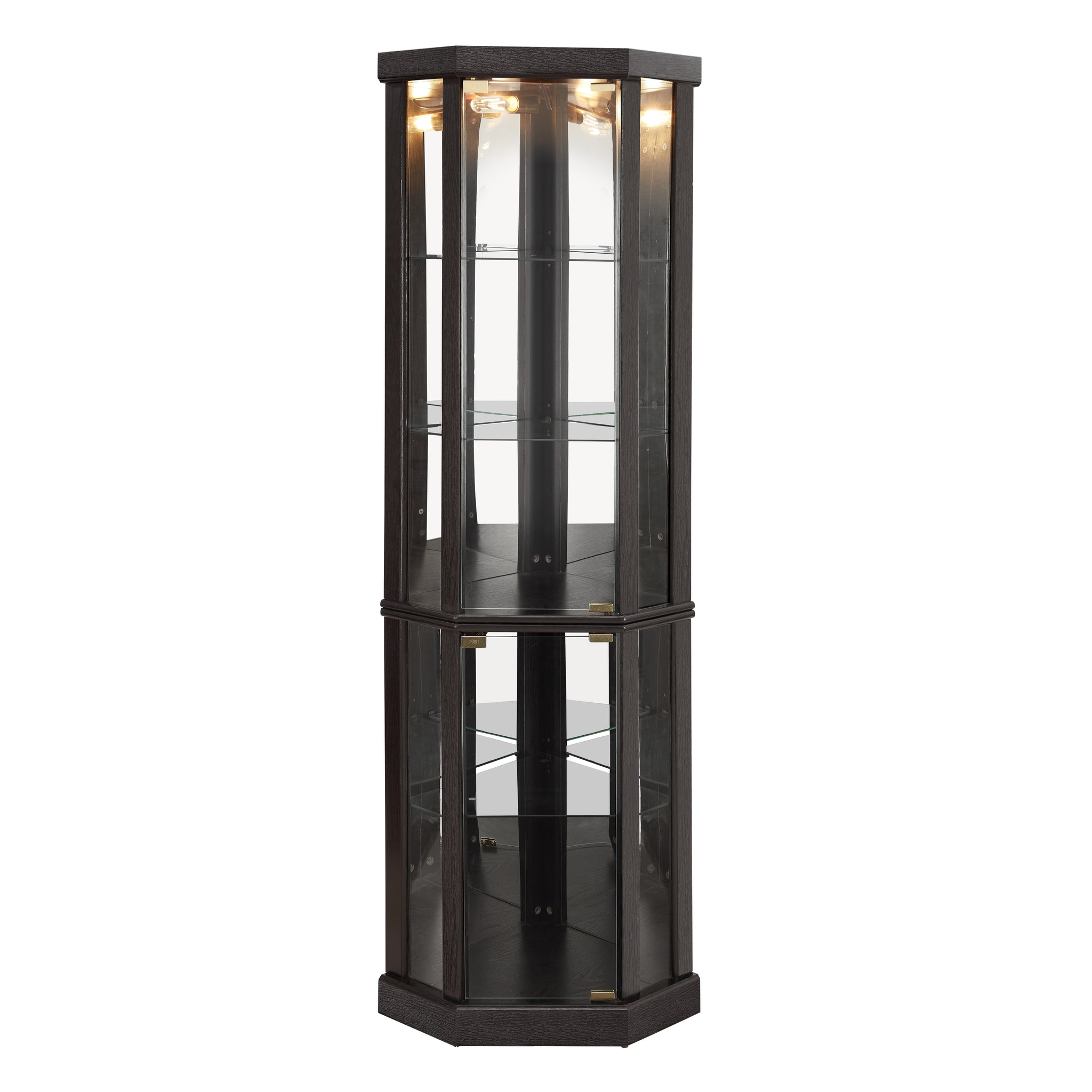 Anthony & Home Heritage lighted corner curio cabinet with glass display for antiques and wine collections.