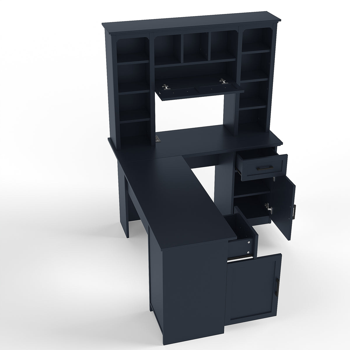 Anthony & Home L-shaped desk from the Atelier Collection with power outlet, two cabinets, drawers, 11 shelves, and a flip shelf.