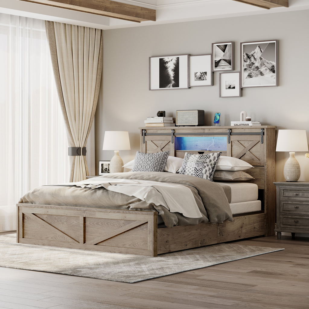 Farmhouse Bed Frame Queen Grey Rustic Wood Limited Collection With LED Lighting Charging Station And Storage Drawers