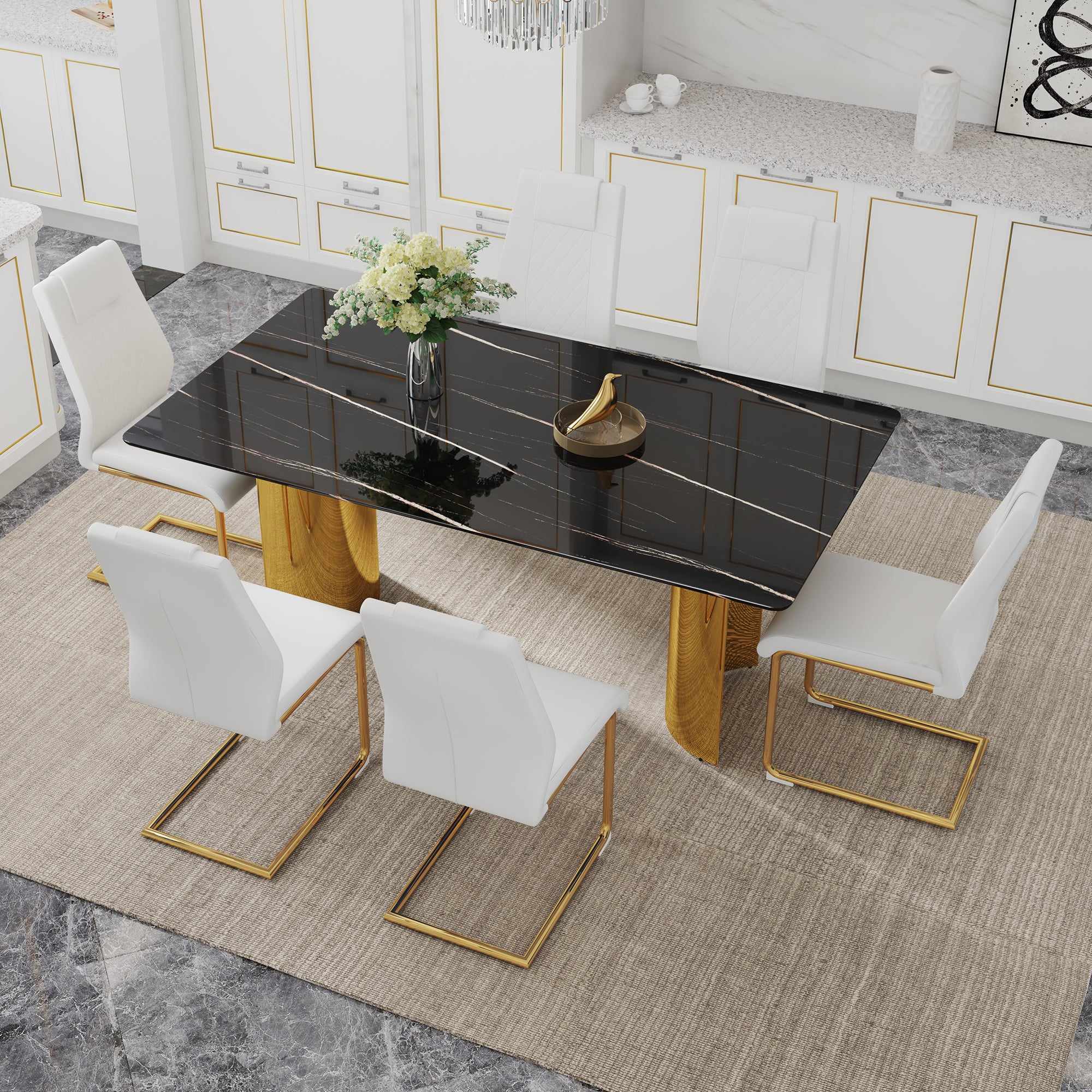 Heritage Gold glass dining table set with six Anthony & Home chairs, featuring a modern design and elegant gold accents.