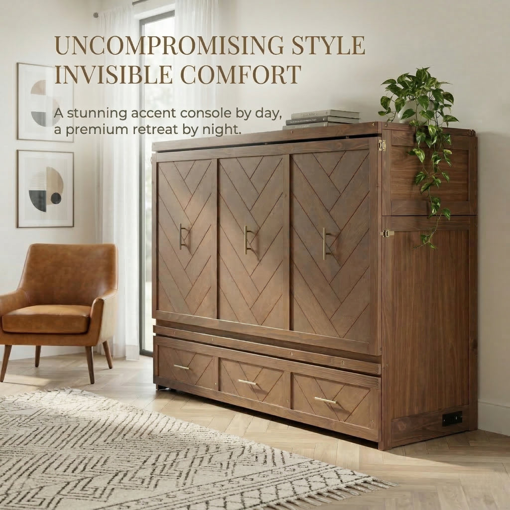 Murphy bed studio in light walnut finish by Anthony & Home, showing the bed folded up against a modern living space wall.