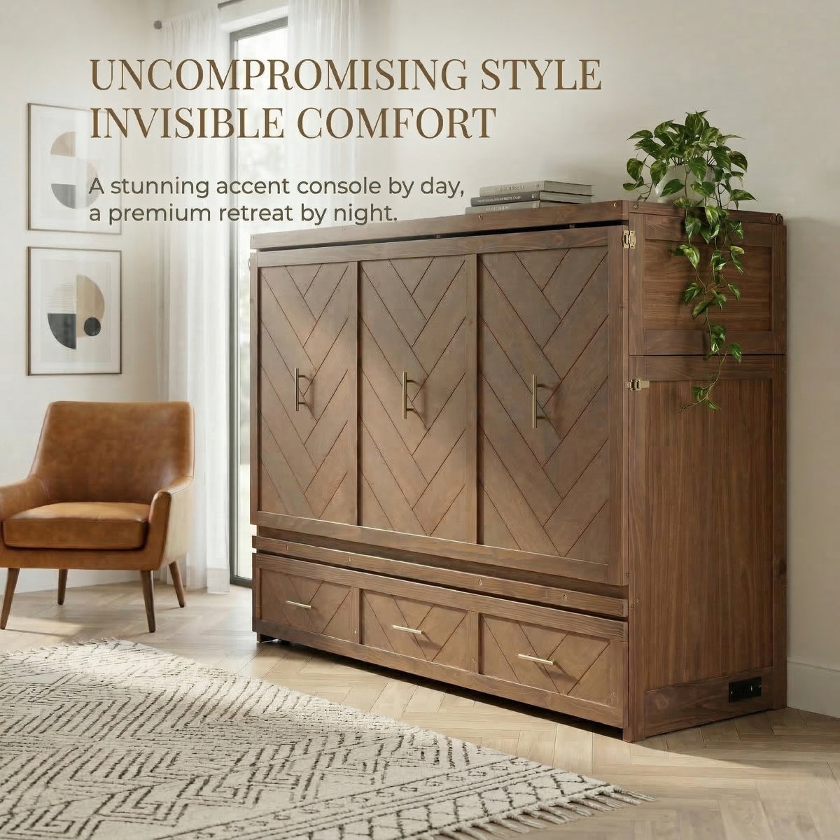 Murphy bed studio in light walnut finish by Anthony & Home, showing the bed folded up against a modern living space wall.