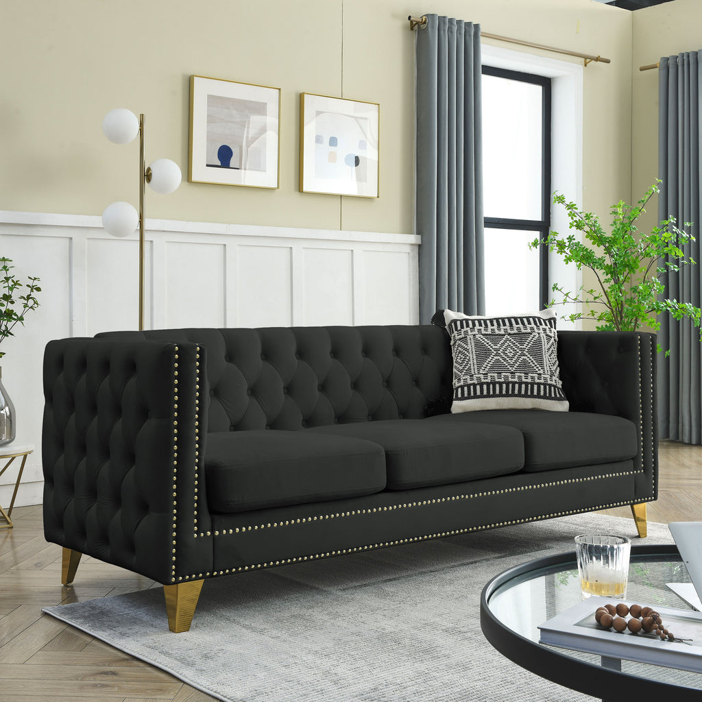 Black Atelier Velvet Tufted 3-Seater Sofa with metal legs by Anthony & Home, showcasing plush tufted upholstery and modern design.