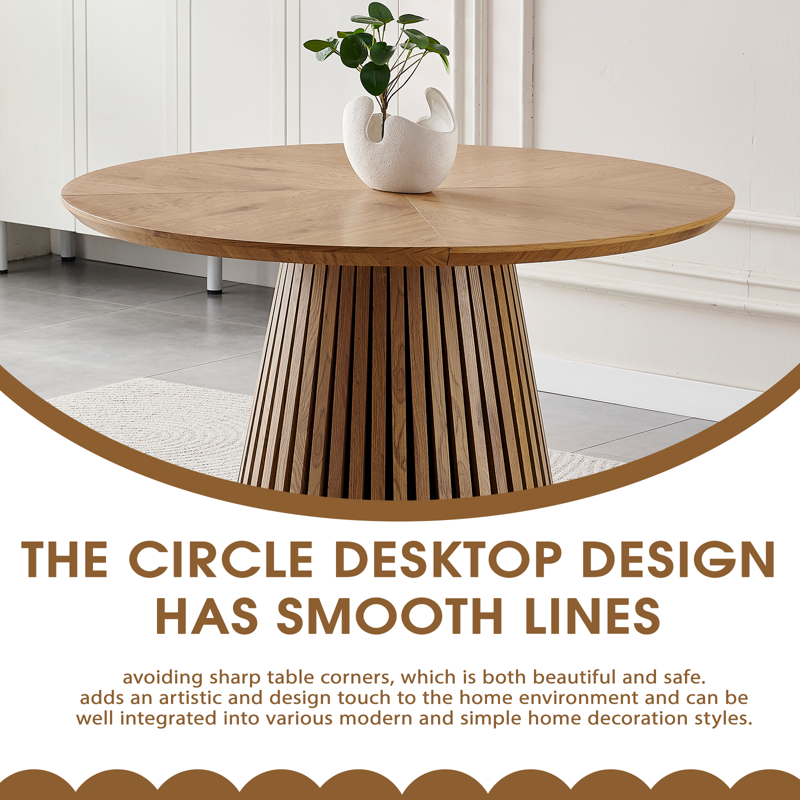 Round solid wood dining table from Anthony & Home's Atelier Collection, showcasing a smooth wooden surface and sturdy legs.