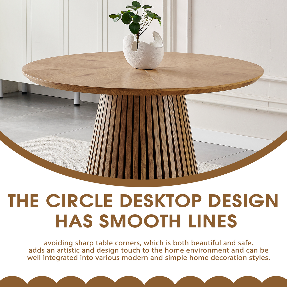 Round solid wood dining table from Anthony & Home's Atelier Collection, showcasing a smooth wooden surface and sturdy legs.