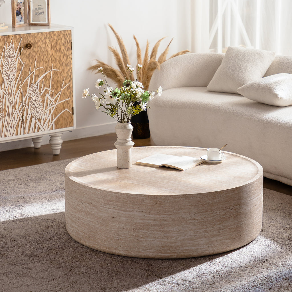 Mars Pattern Drum Coffee Table from the Atelier Collection by Anthony & Home featuring a round wooden surface with a distinctive Mars pattern.