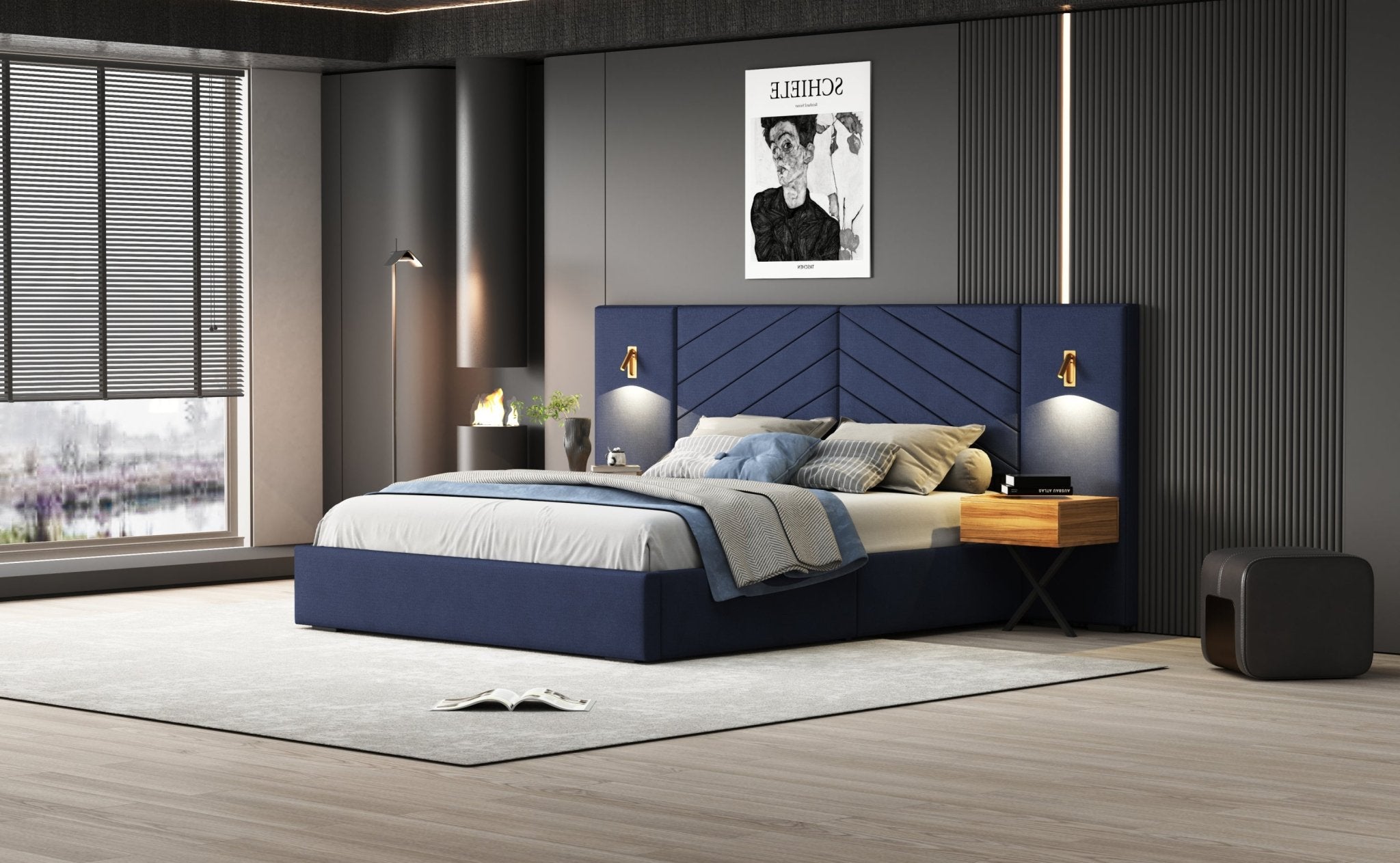 Anthony & Home Ice Velvet Queen Bed Frame with channel tufted wingback headboard, studio collection exclusive interior design piece