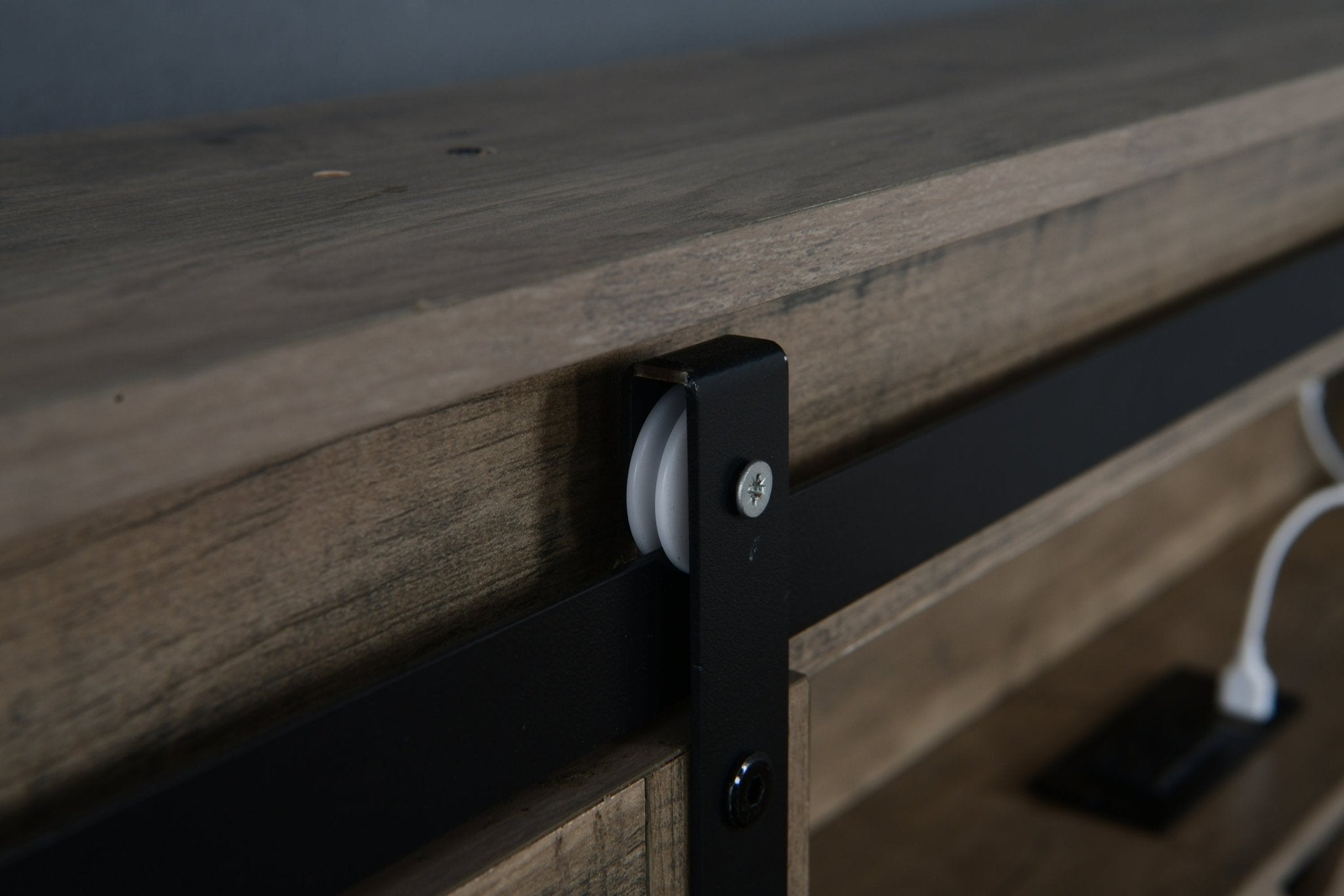 Anthony & Home farmhouse queen bed frame in grey with rustic wood finish, LED lighting, charging station, and storage drawers.