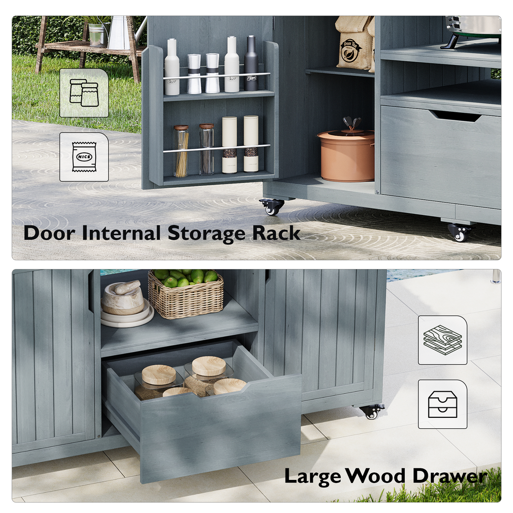 Solid wood outdoor kitchen island for Big Green Egg by Anthony & Home, featuring a spacious surface and built-in storage.