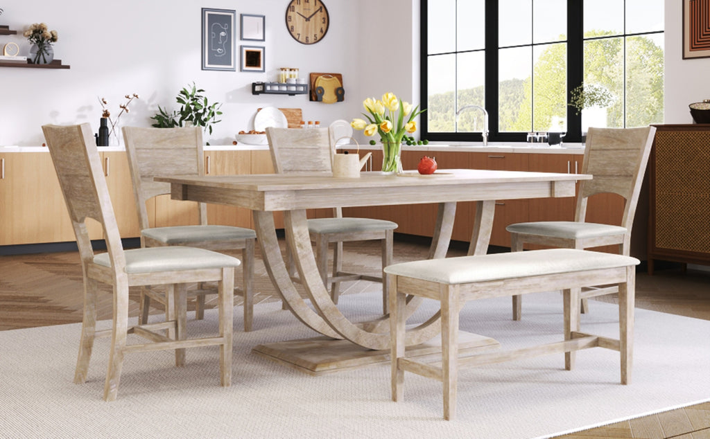 Topmax 6 Wood Half Round Dining Set With Bench And Chairs