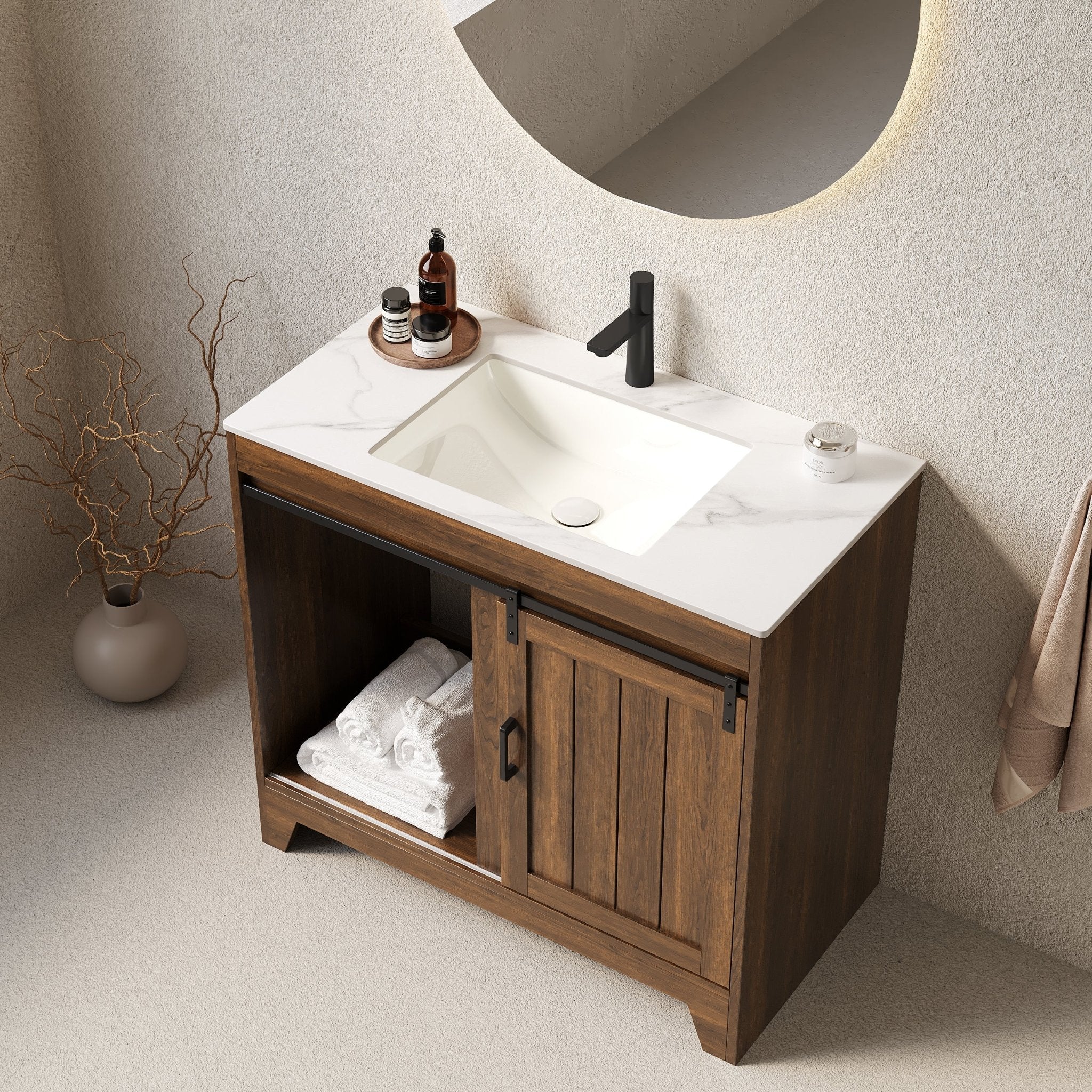 Anthony & Home RIKA Atelier 36-inch bathroom vanity with sintered stone countertop and ceramic basin, modern bathroom furniture.