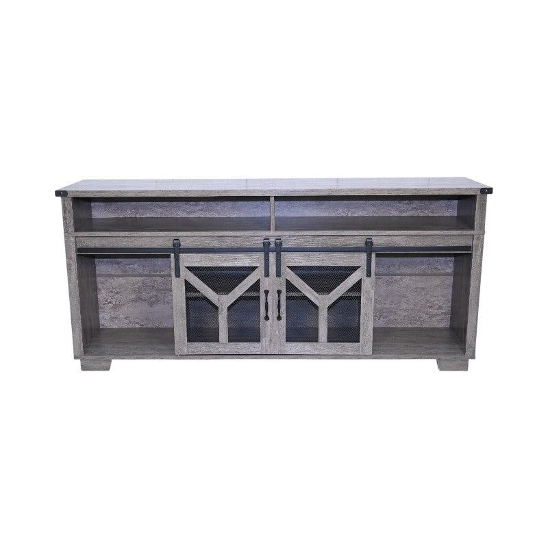 Anthony & Home Iron Mesh Barn Door TV Stand Signature Edition with black metal frame and rustic wooden shelves, modern farmhouse style.