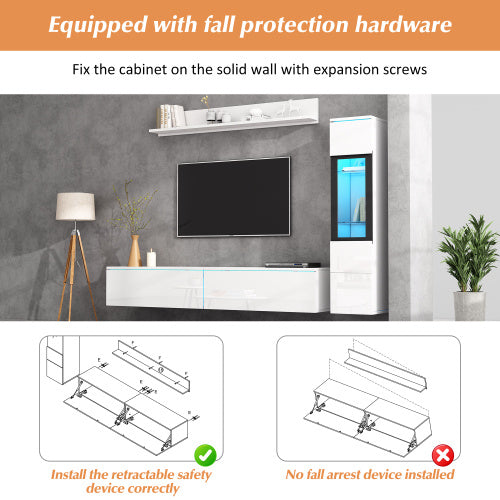 White TV Wall Unit Set Of 3 With LED TV Stand High Gloss
