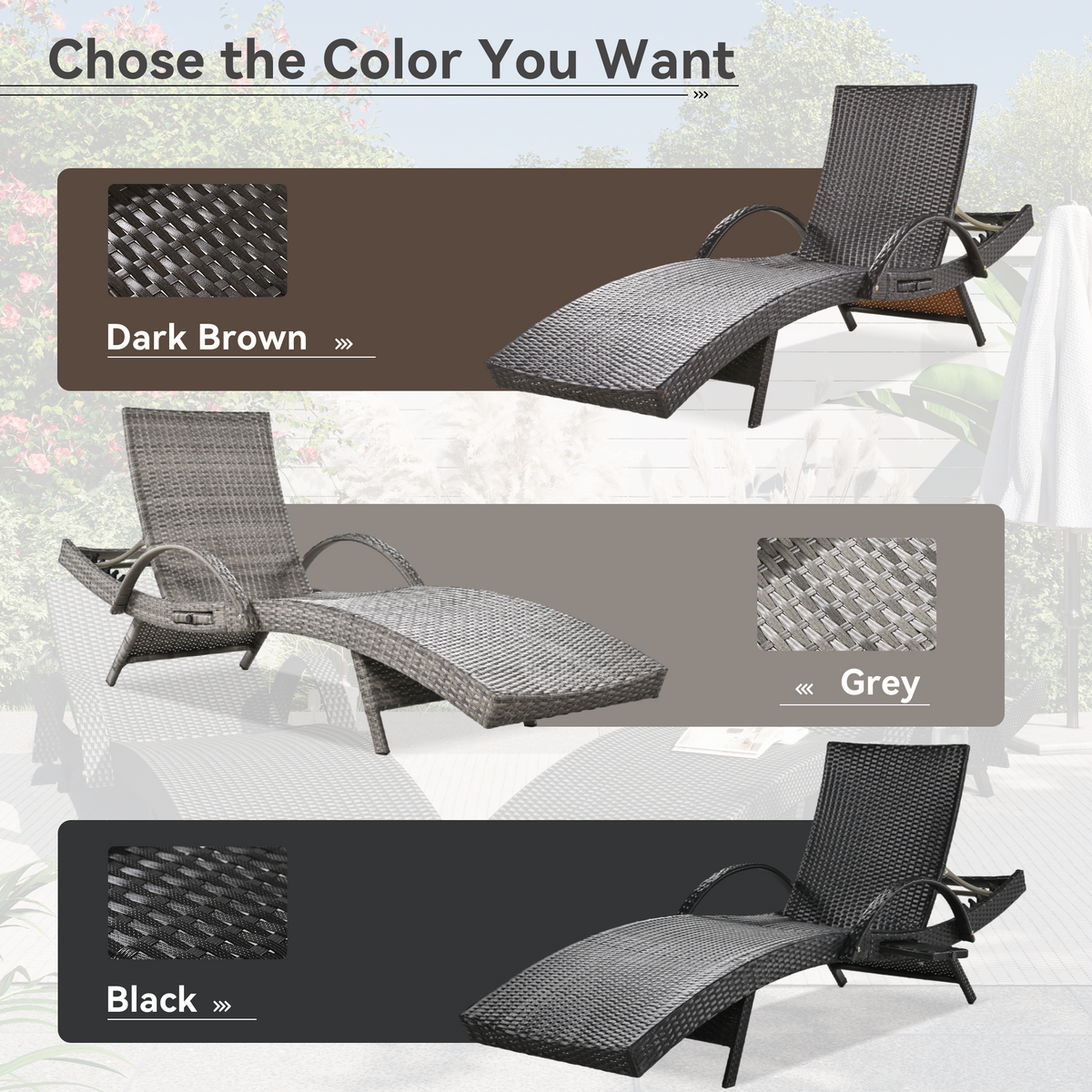 Anthony & Home outdoor wicker chaise lounges set with pull-out side table, dark brown, adjustable backrest, and comfortable seating.
