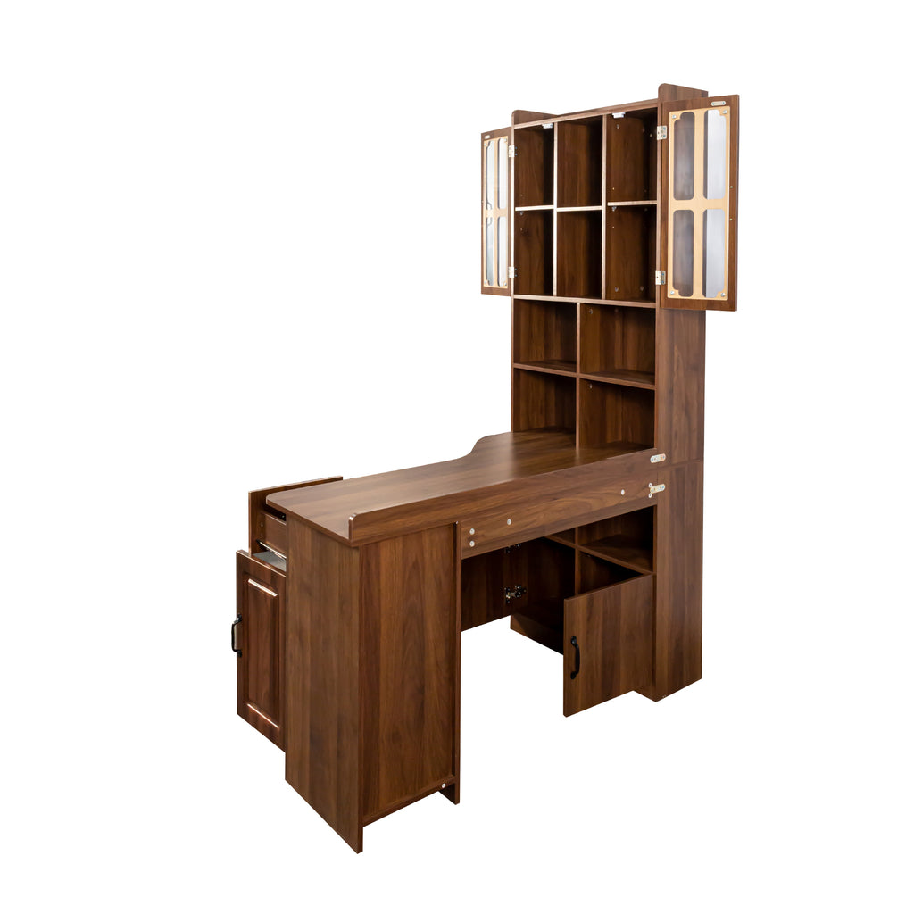 Oak veneer L-shaped corner desk with hutch from Anthony & Home, featuring a spacious workspace and storage compartments.
