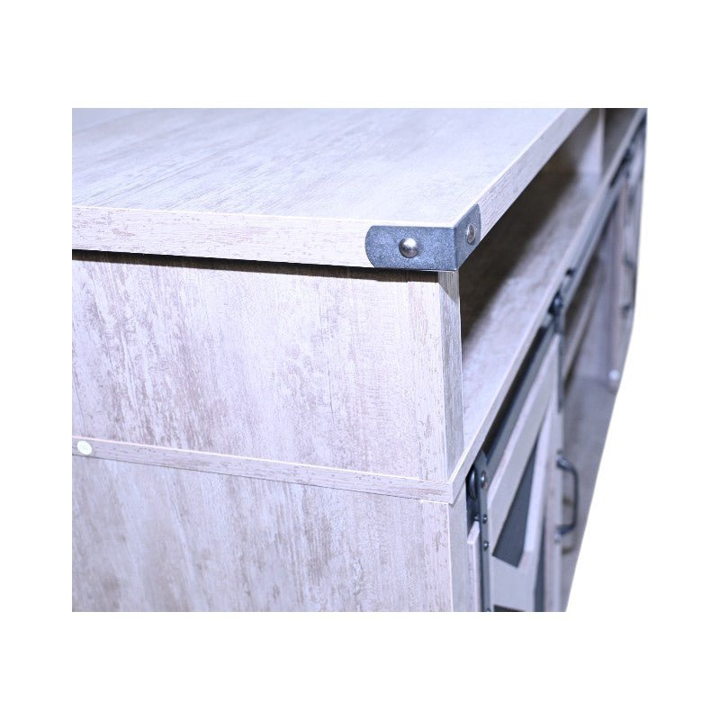 Iron mesh barn door TV stand by Anthony & Home, Signature Edition with rustic iron frame and sliding barn door design.