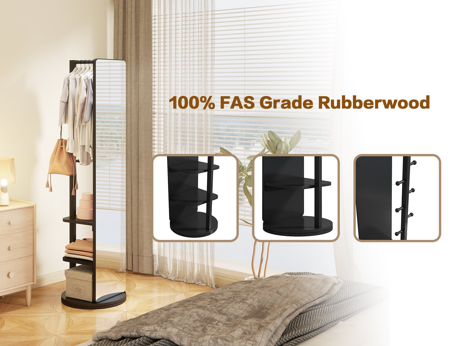 Rubberwood full-length mirror with 360-degree rotating frame, stylish and functional Anthony & Home home decor accessory.