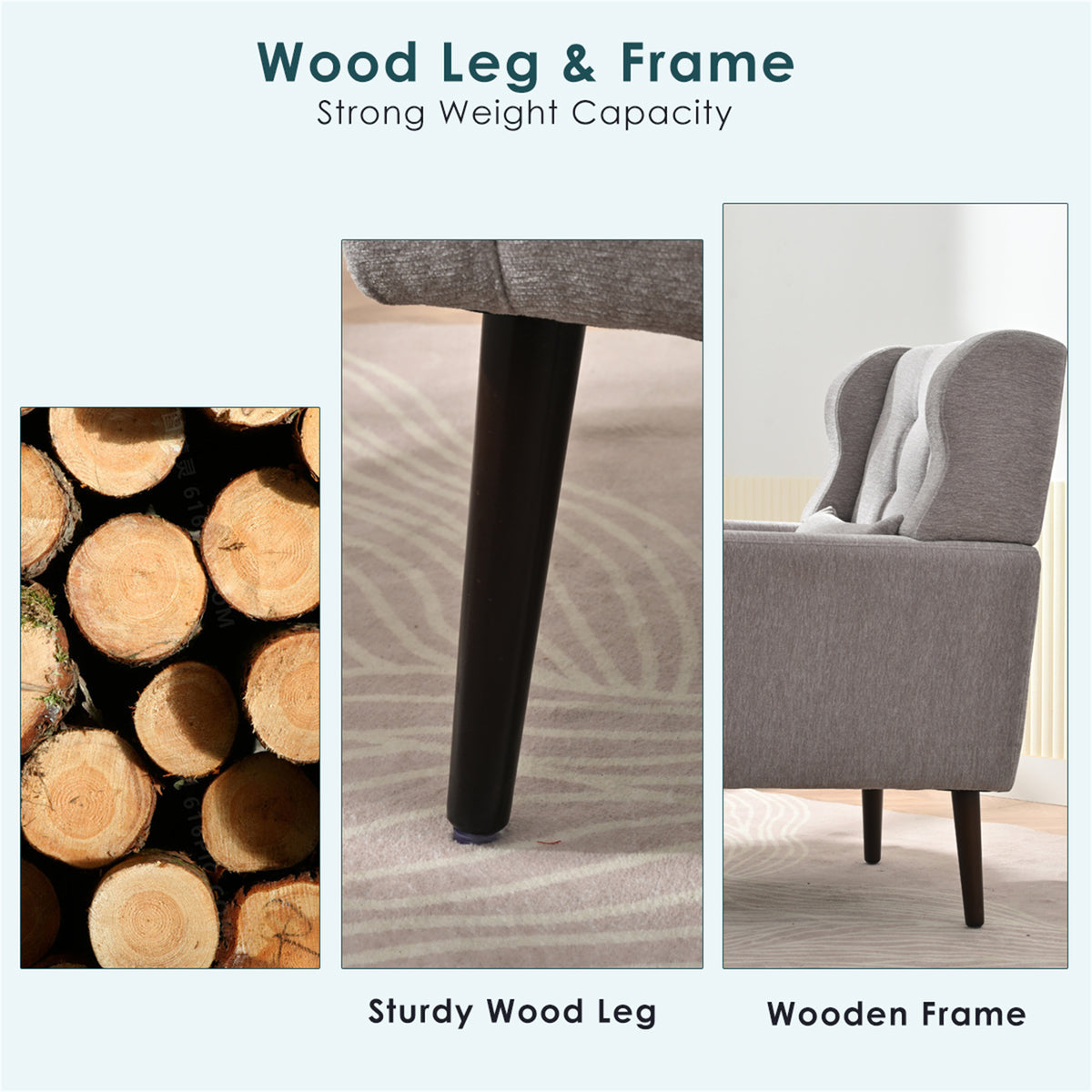 Gray chenille accent chair with solid wood legs, stylish studio seating by Anthony & Home.