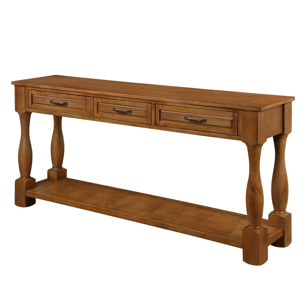 Anthony & Home Signature Brown 63-inch console table with three drawers, featuring a sleek wooden design and ample storage space.