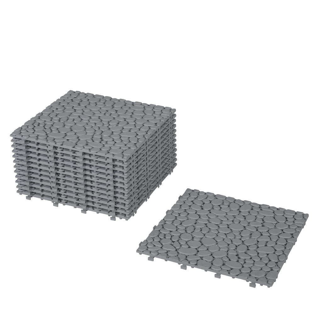 Gray Anthony & Home pebble stone interlocking deck tiles, 12x12 waterproof outdoor flooring with a textured pebble surface.