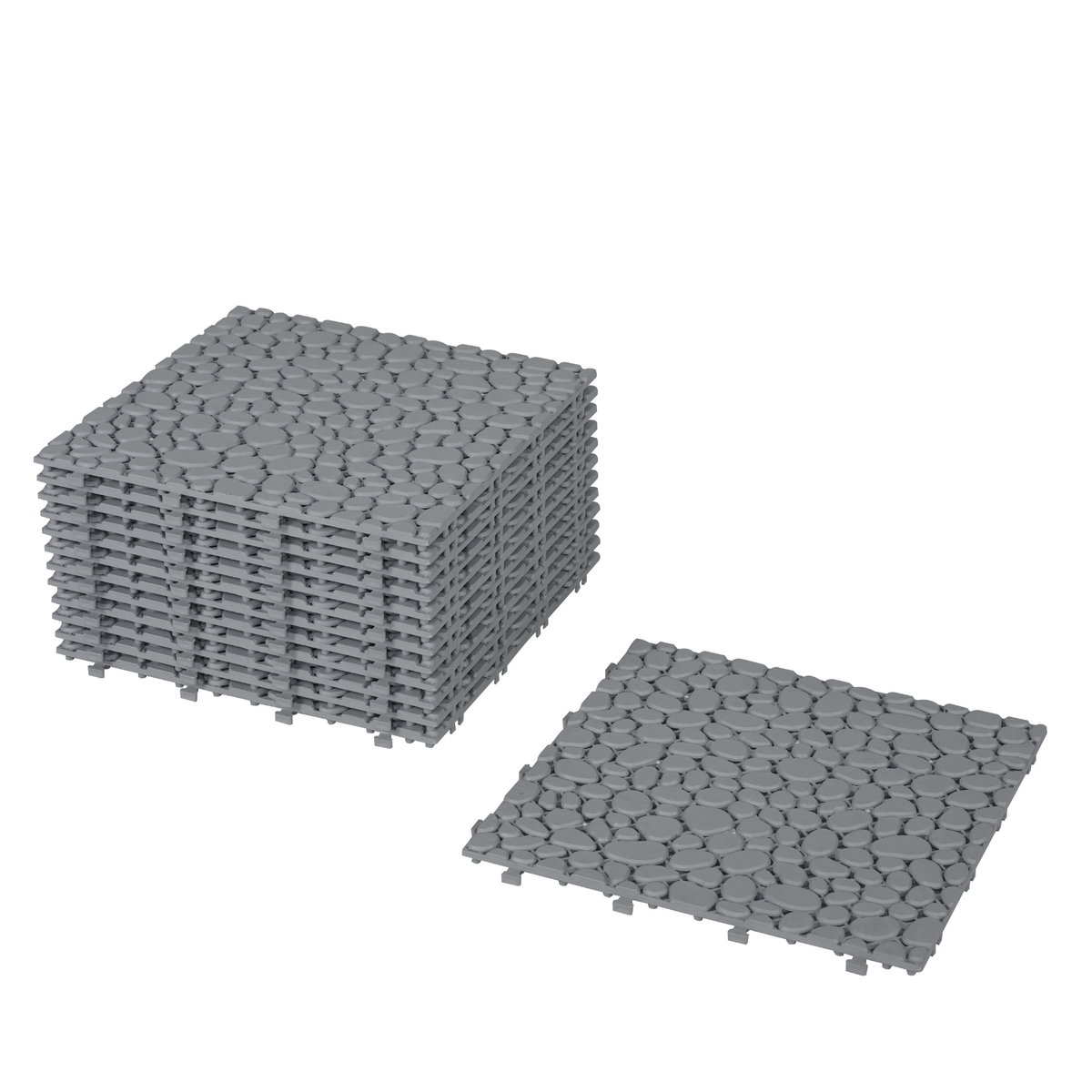 Gray Anthony & Home pebble stone interlocking deck tiles, 12x12 waterproof outdoor flooring with a textured pebble surface.