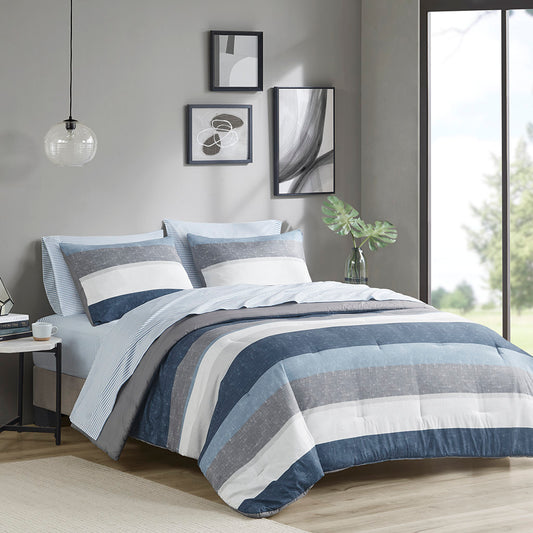 Limited Edition Polyester Stripe Comforter Set With Bed Sheets Twin Blue Grey Soft Touch