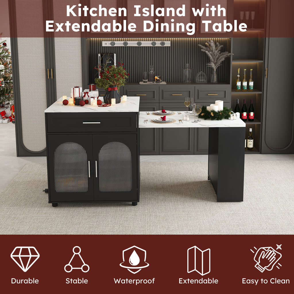 Black Expandable Kitchen Island with Marble - Grain Countertop, Power Outlet, Mobile Storage Cart with Cabinet & 2 Drawers, 80 - Inch Dining Table - Anthony & Home