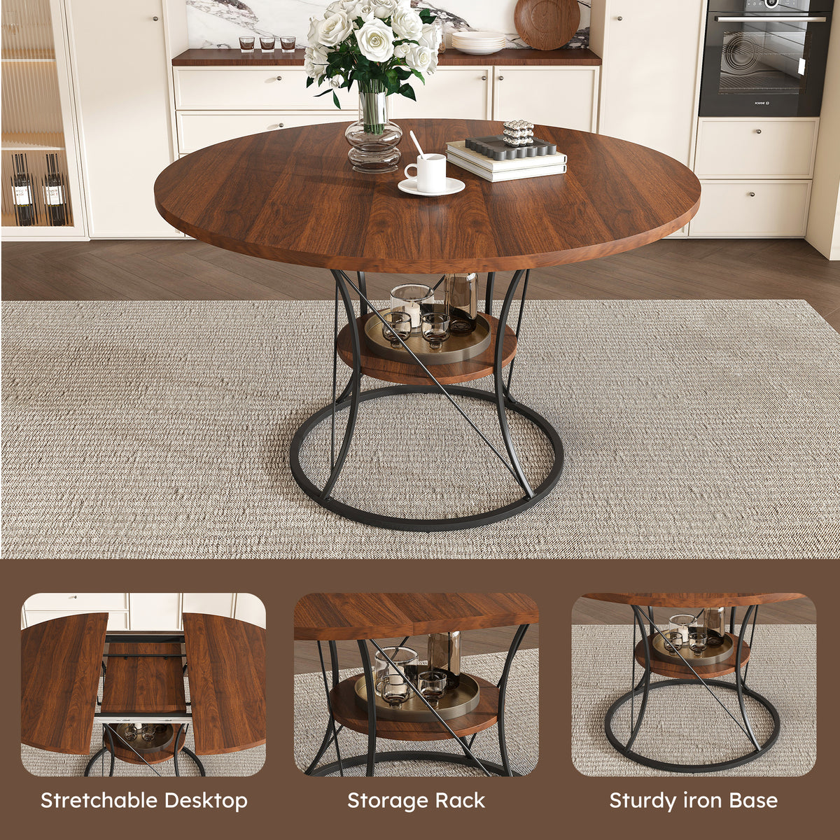 Anthony & Home Studio Round Extendable Dining Table made of solid wood, showcasing its natural finish and extendable design.