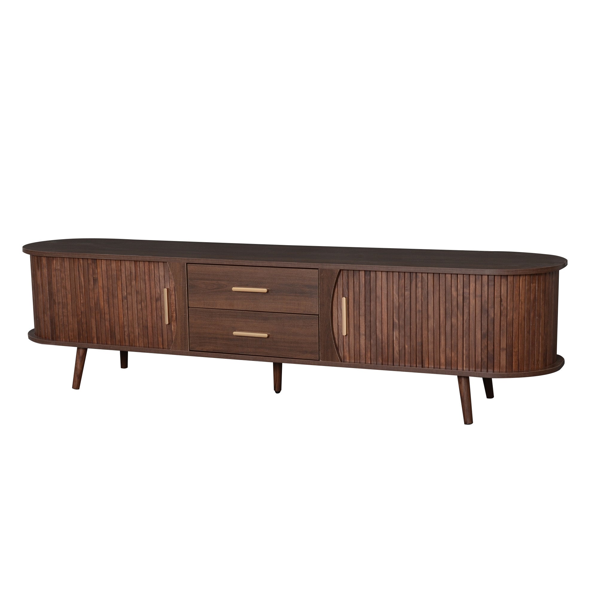 Dark brown mid-century modern TV stand with storage, solid wood and MDF construction, designed for 80-inch TVs, measures 70.8 x 15.5 x 18.1 inches.