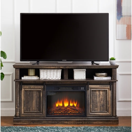 Antique Brown Entertainment TV Stand With Fireplace Insert